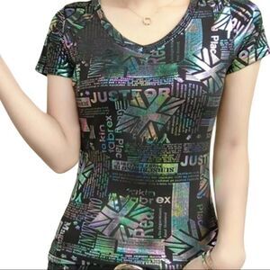 Stylish Holographic V Neck Short Sleeve Top NEW